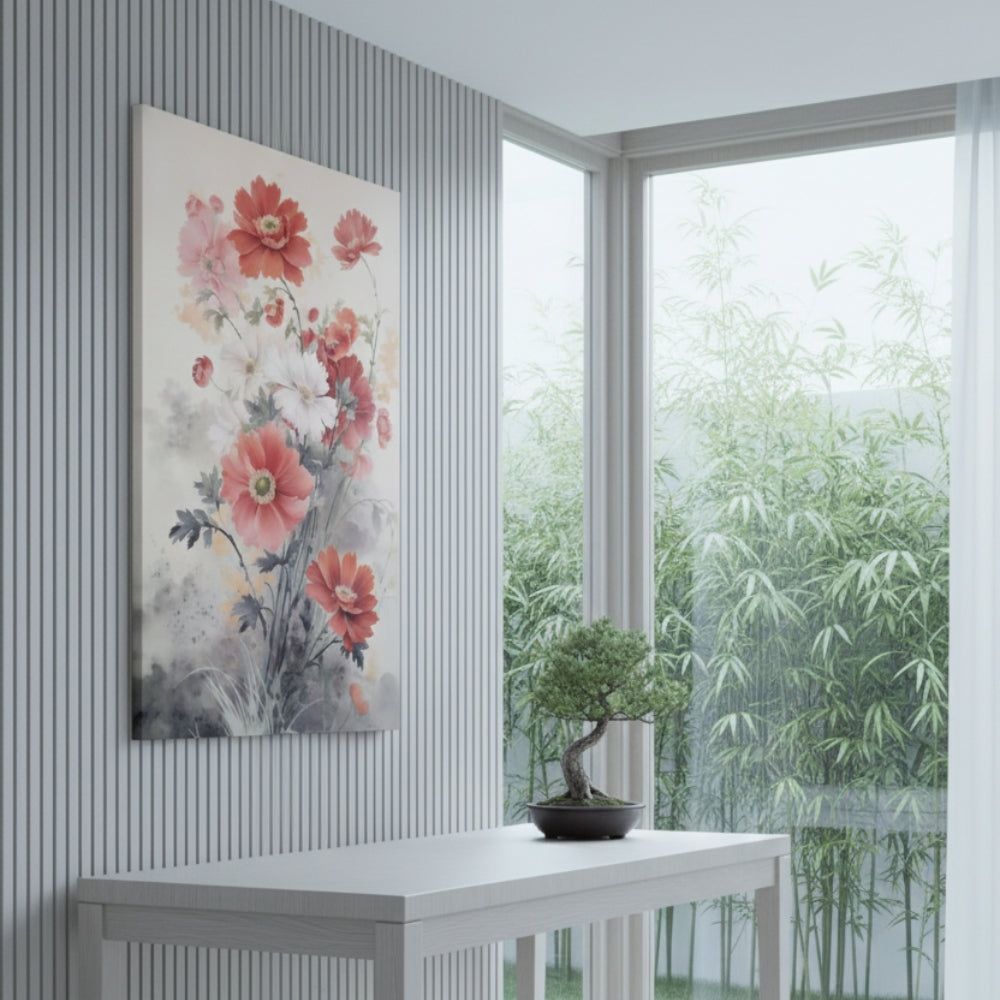 Vertical Ink Wash Floral Wall Art