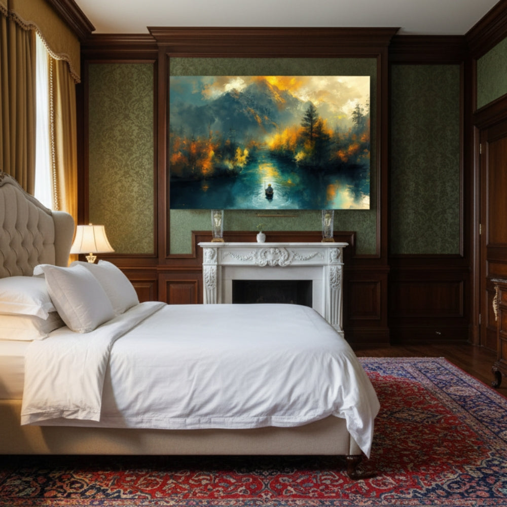 Abstract River of Gold Canvas Print - Solitary Boat Wall Decor