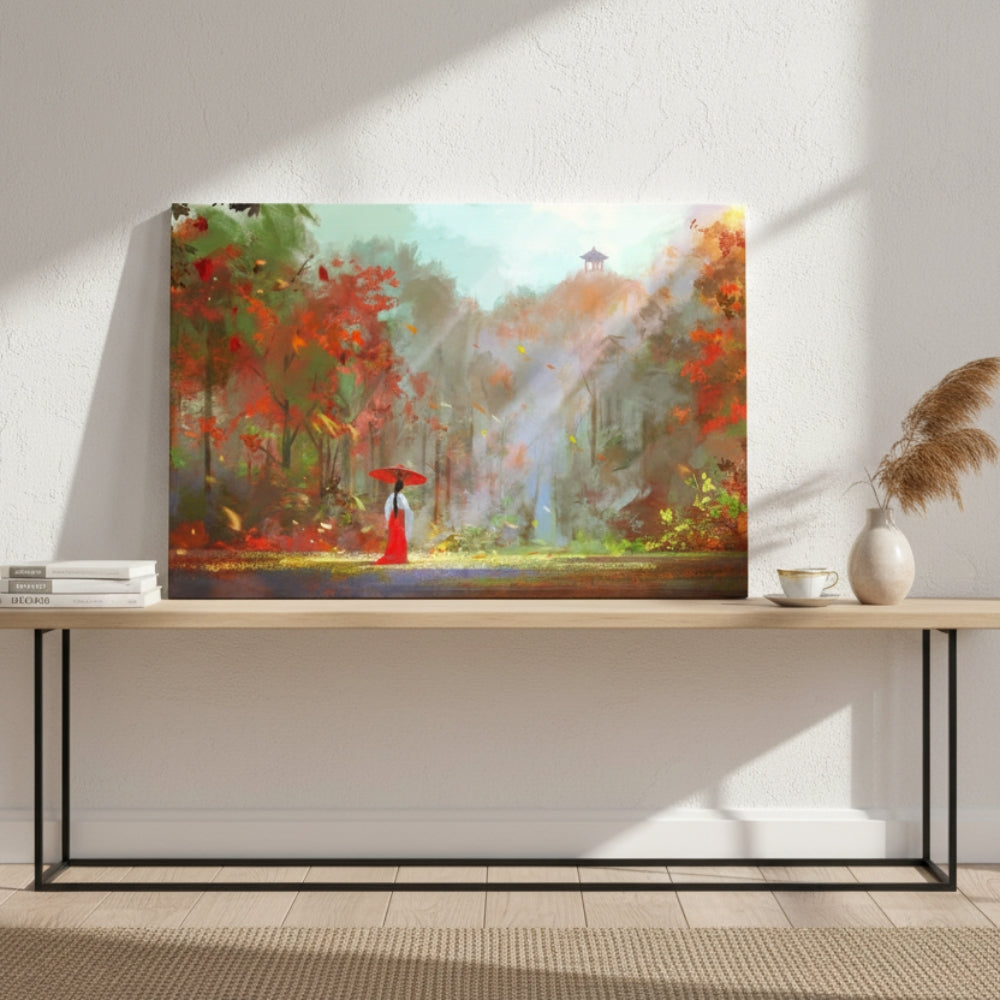Red Umbrella in Autumn Forest Canvas Print