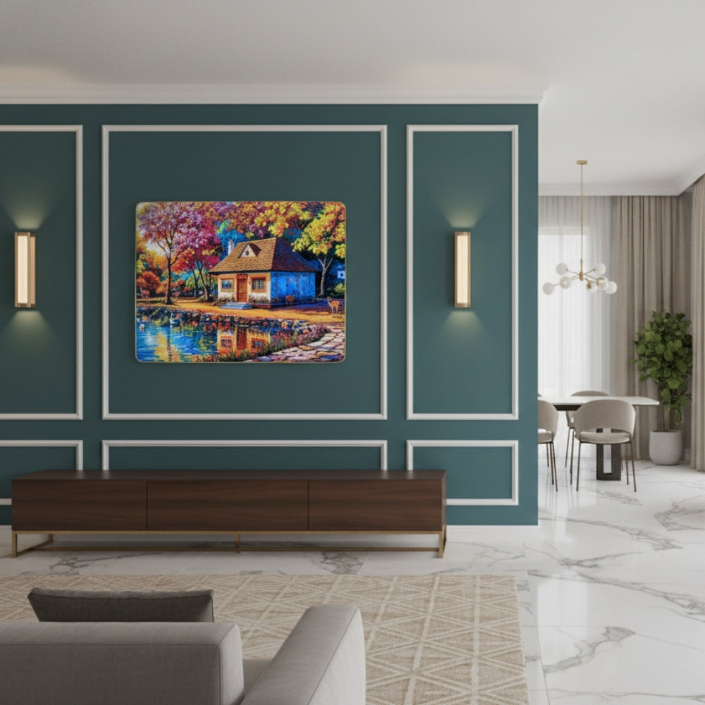 A Charming Little Cottage Nestled Among Vibrant Colorful Trees At The Edge Of A Peaceful Blue Lake