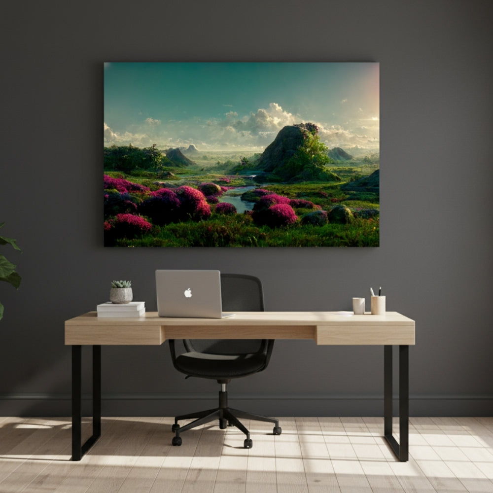 The Vibrant Magenta Blooms That Carpet The Emerald Valley Under A Vast And Surreal Teal Summer Sky