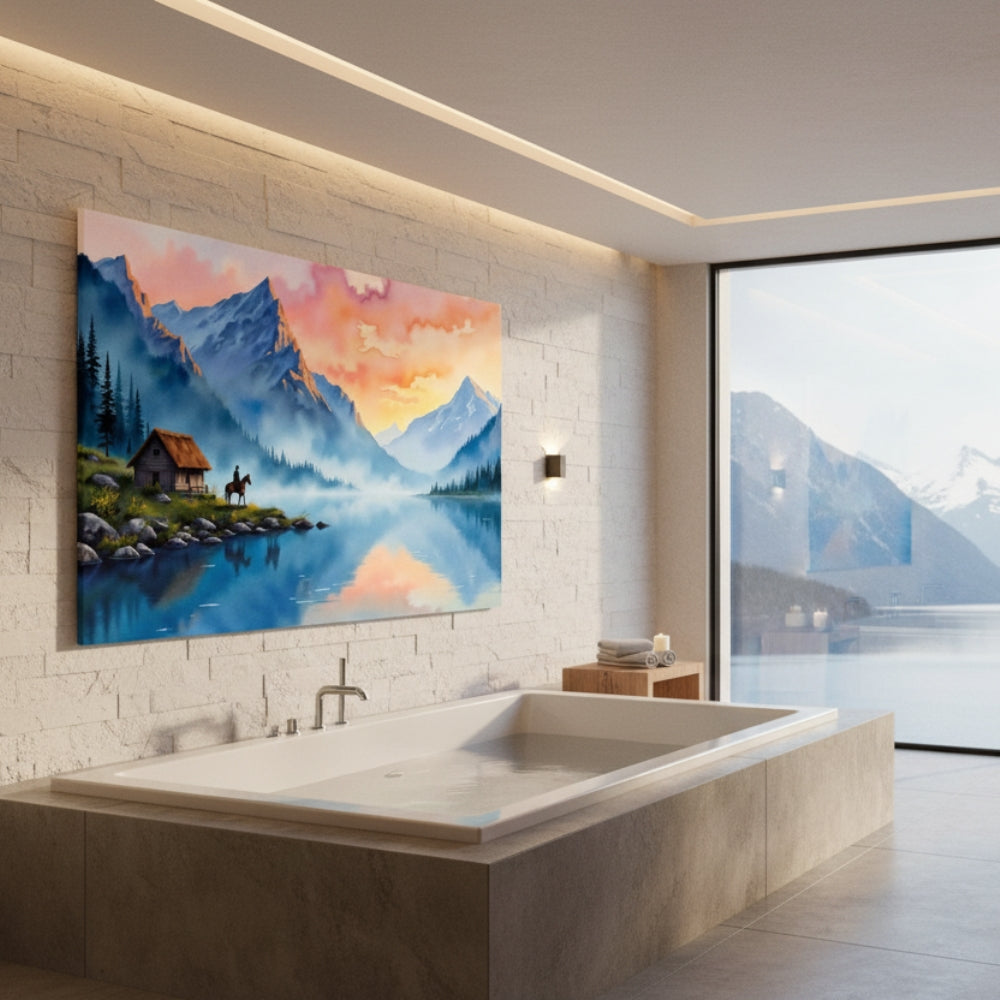 Mountain Landscape with Lake and Cabin Canvas Art