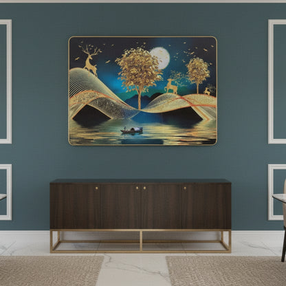 Luxury Golden Deer & Moon Resin Wall Art (21x27") – 3D Look Abstract Night Scenery for Living Room Vastu & Prosperity Decor