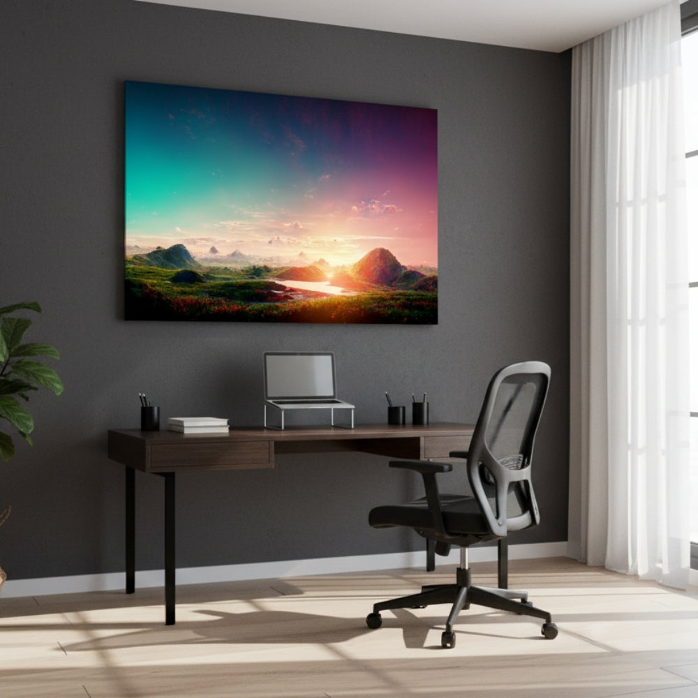 The Magical Moment Where The Teal Sky Kisses The Burning Orange Horizon Over The Strange Green Hills