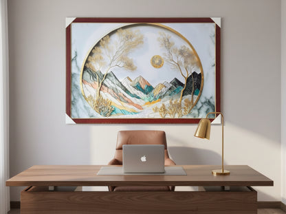 Circular Mountain Landscape Resin Wall Art | 2×3 ft Luxury Handcrafted Decor | Indi Trends