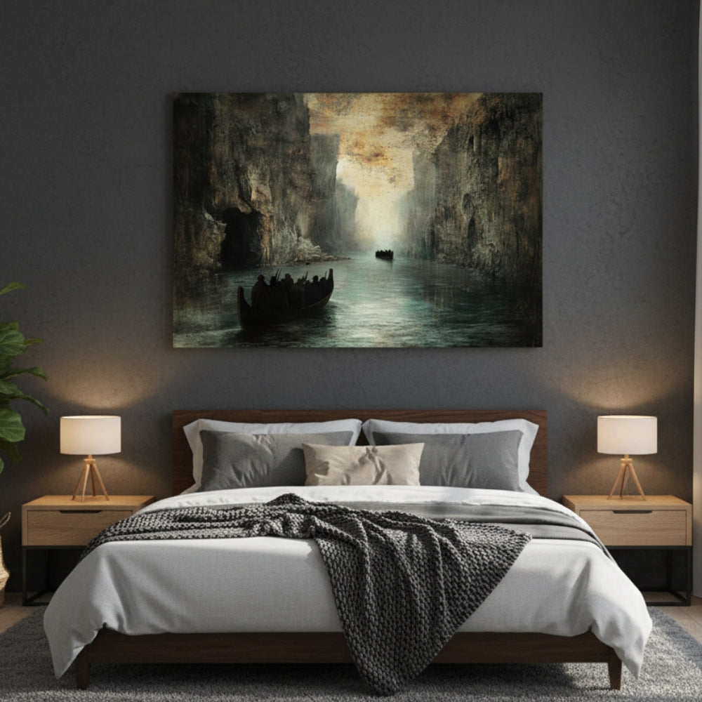 Forgotten Travelers Seeking Passage Between The Immense Granite Walls Of An Ancient Majestic Gorge