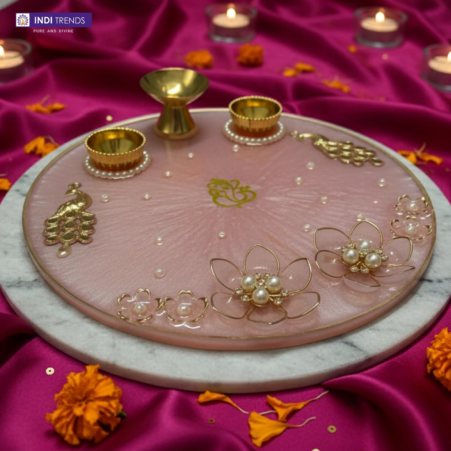 Handcrafted Resin Decorative Pooja Dish with Pearl & Floral Detailing