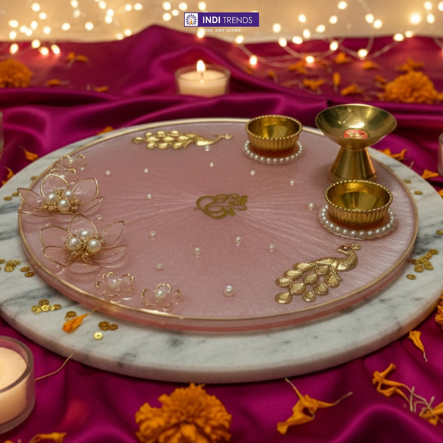 Handcrafted Resin Decorative Pooja Dish with Pearl & Floral Detailing