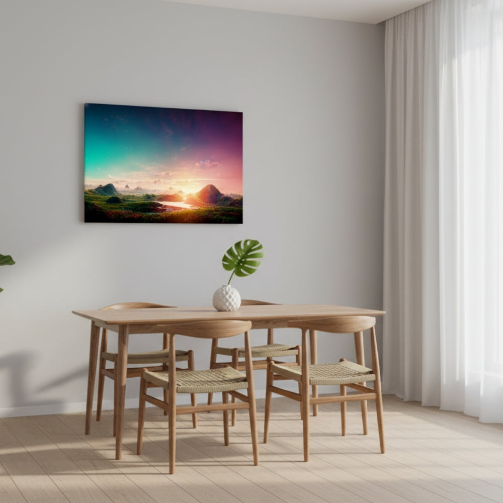 The Magical Moment Where The Teal Sky Kisses The Burning Orange Horizon Over The Strange Green Hills