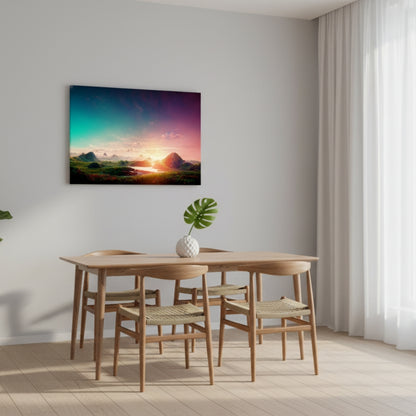 The Magical Moment Where The Teal Sky Kisses The Burning Orange Horizon Over The Strange Green Hills