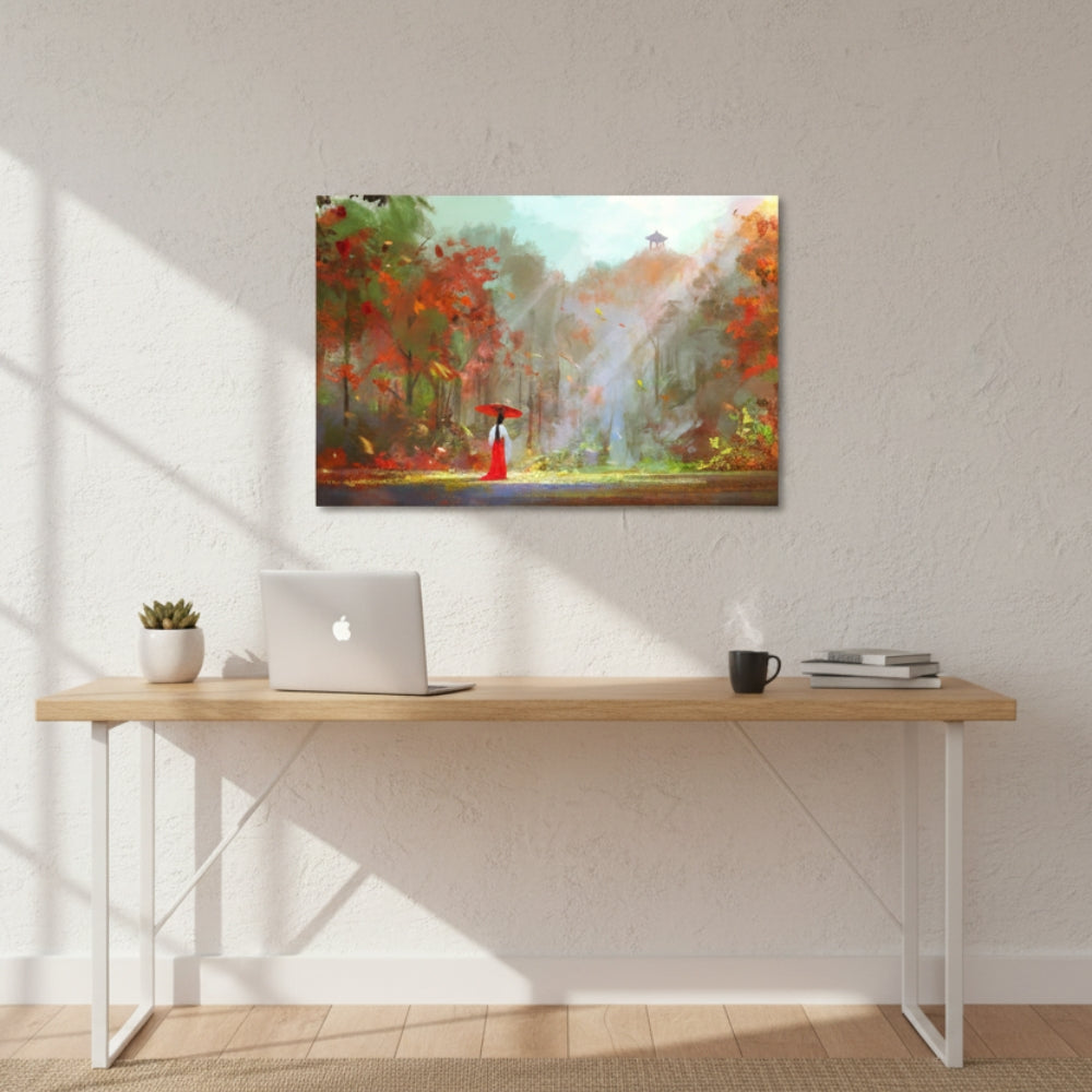 Red Umbrella in Autumn Forest Canvas Print