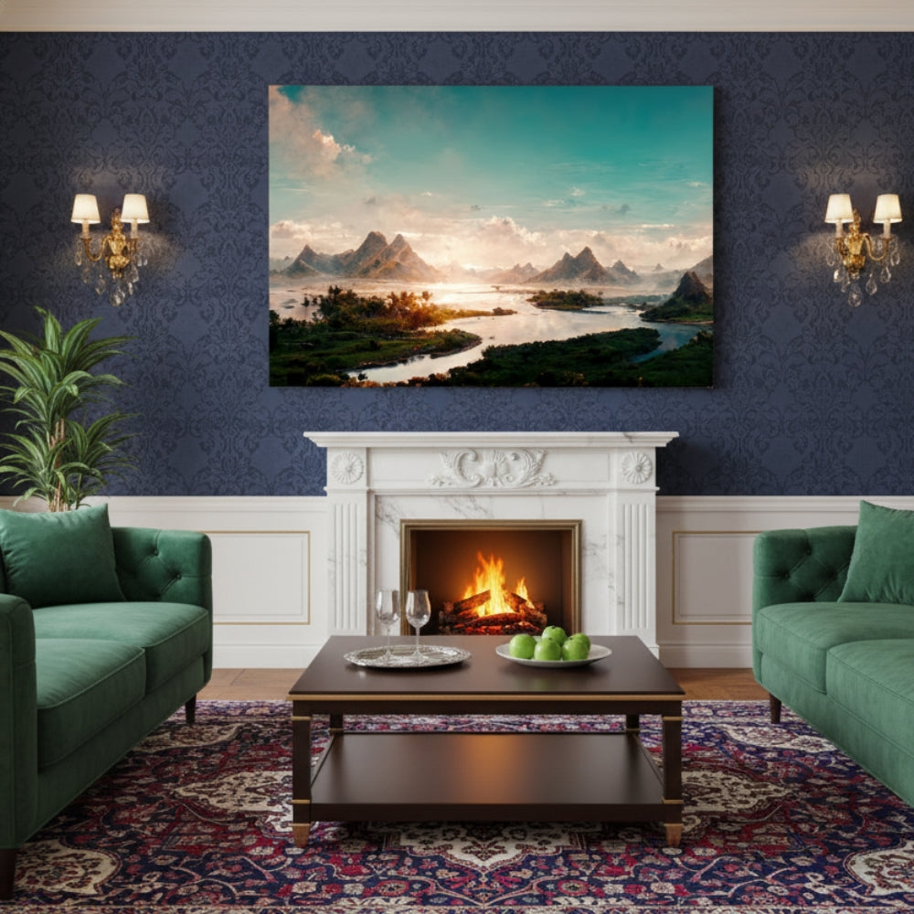 Vibrant River Sunrise Canvas Print - Teal Sky Mountain Landscape Art