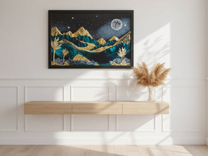 Dark Moonlit Mountain Resin Wall Art | 2×3 ft Premium Handcrafted Luxury Decor | Indi Trends