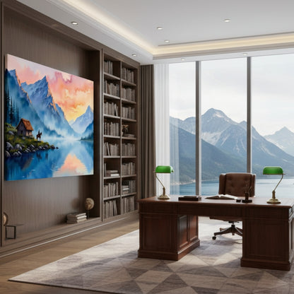 Mountain Landscape with Lake and Cabin Canvas Art
