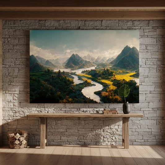 The Timeless Serenity Of A Winding White River Flowing Through A Grand Valley Of Green And Gold