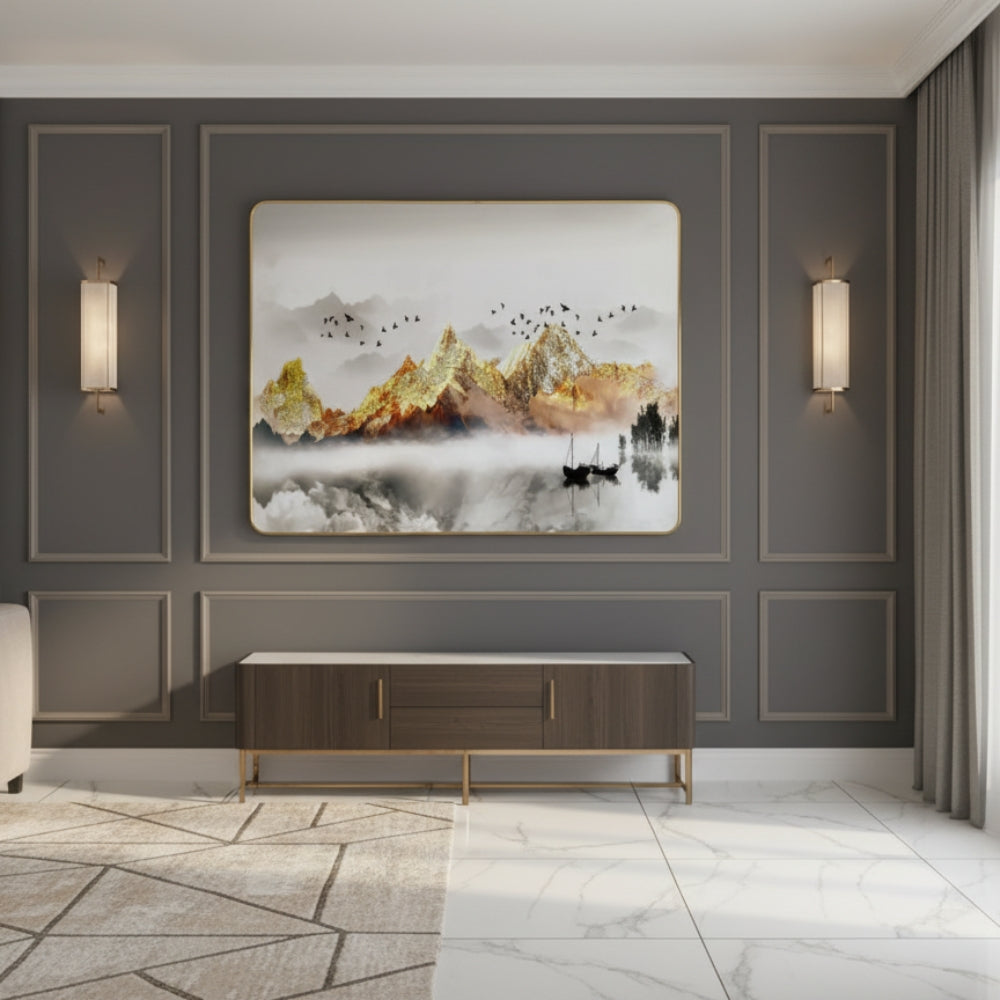 The Journey To Tranquility Begins Where Misty Waters Reflect The Eternal Grandeur Of Golden Hills