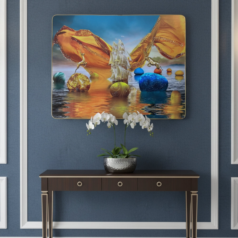 Surreal Fantasy Seascape Canvas Wall Art - Golden Ship With Giant Butterfly Wings And Floating Orbs
