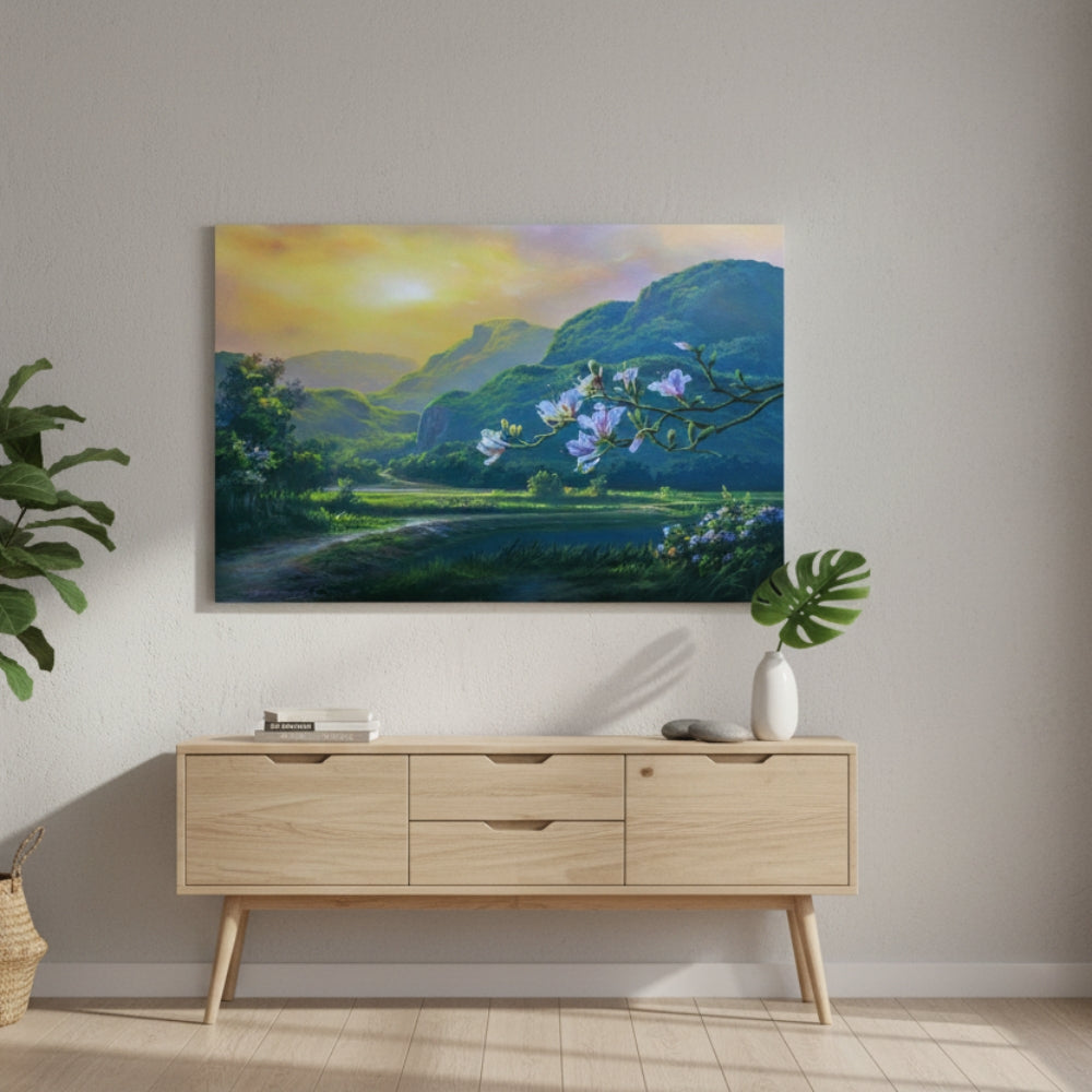 The Quiet Peace Found In A Verdant Valley Bathed In The Gentle Luminous Glow Of The Early Morning Sun