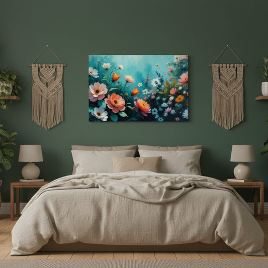 Coral and Teal Garden Floral Canvas