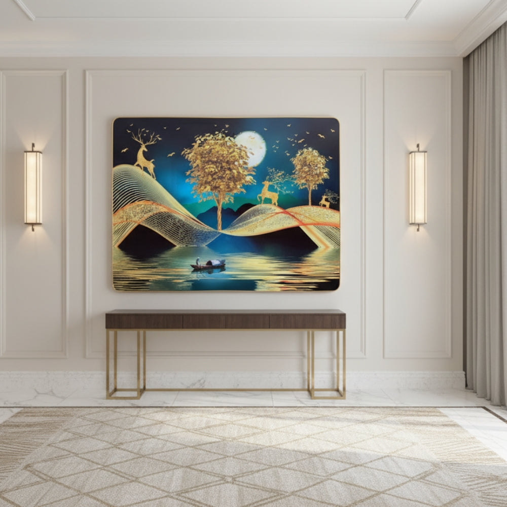 Luxury Golden Deer & Moon Resin Wall Art (21x27") – 3D Look Abstract Night Scenery for Living Room Vastu & Prosperity Decor