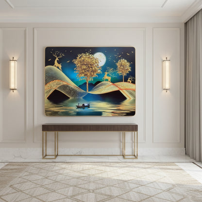 Luxury Golden Deer & Moon Resin Wall Art (21x27") – 3D Look Abstract Night Scenery for Living Room Vastu & Prosperity Decor