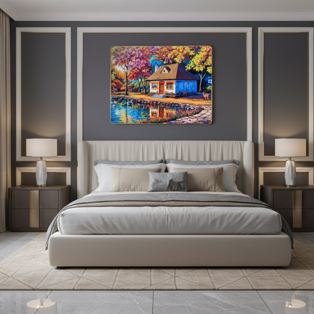 A Charming Little Cottage Nestled Among Vibrant Colorful Trees At The Edge Of A Peaceful Blue Lake