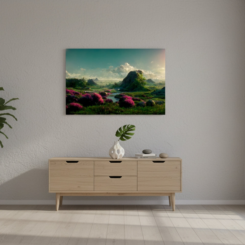 The Vibrant Magenta Blooms That Carpet The Emerald Valley Under A Vast And Surreal Teal Summer Sky