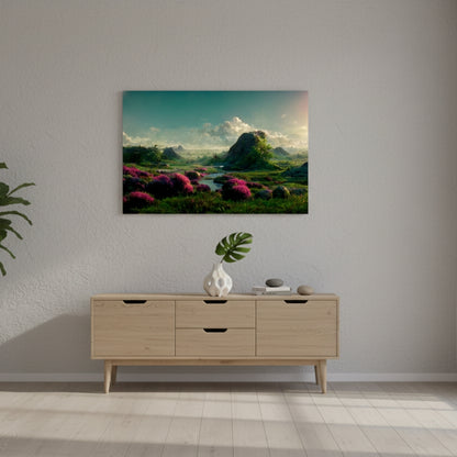 The Vibrant Magenta Blooms That Carpet The Emerald Valley Under A Vast And Surreal Teal Summer Sky