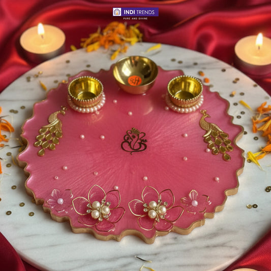 Handcrafted Resin Decorative Pooja Dish with Pearl & Floral Detailing