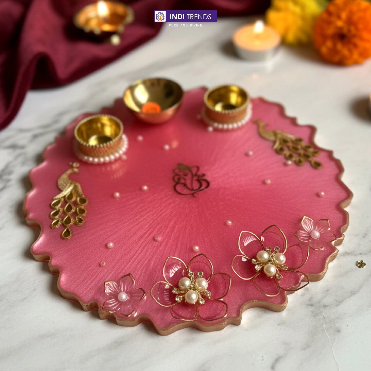 Handcrafted Resin Decorative Pooja Dish with Pearl & Floral Detailing
