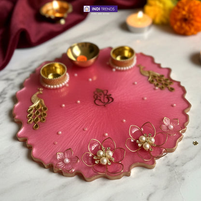 Handcrafted Resin Decorative Pooja Dish with Pearl & Floral Detailing