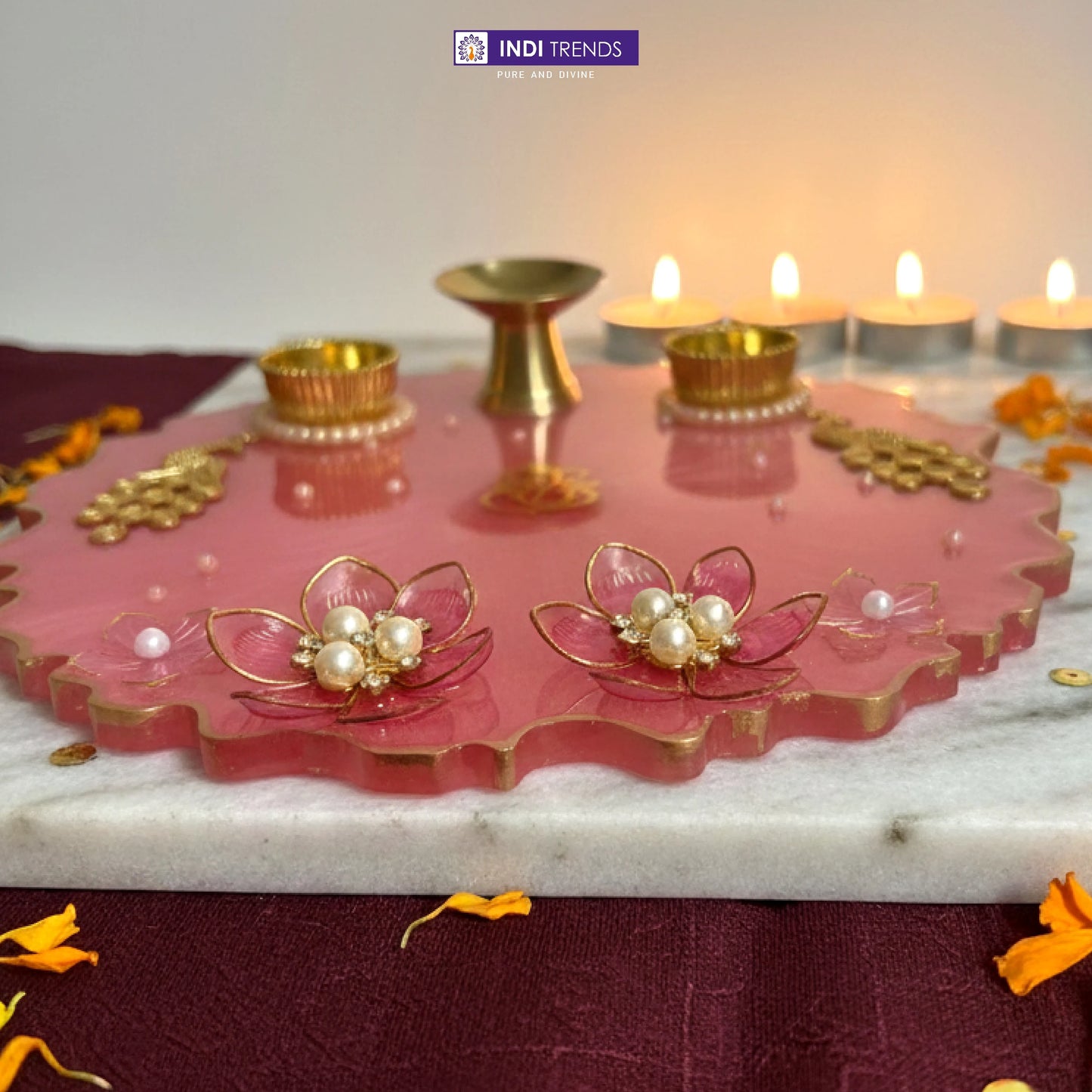 Handcrafted Resin Decorative Pooja Dish with Pearl & Floral Detailing