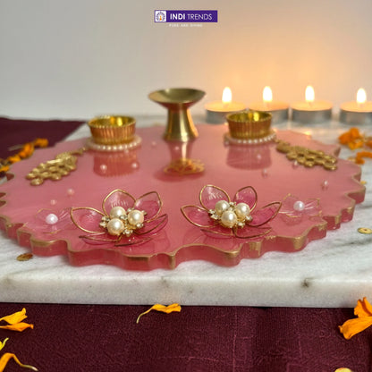 Handcrafted Resin Decorative Pooja Dish with Pearl & Floral Detailing