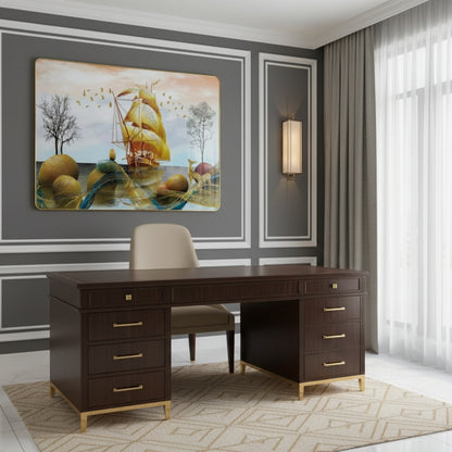 Golden Prosperity Ship Resin Wall Art (21x27") – Surreal 3D Vastu Seascape for Wealth & Success Decor