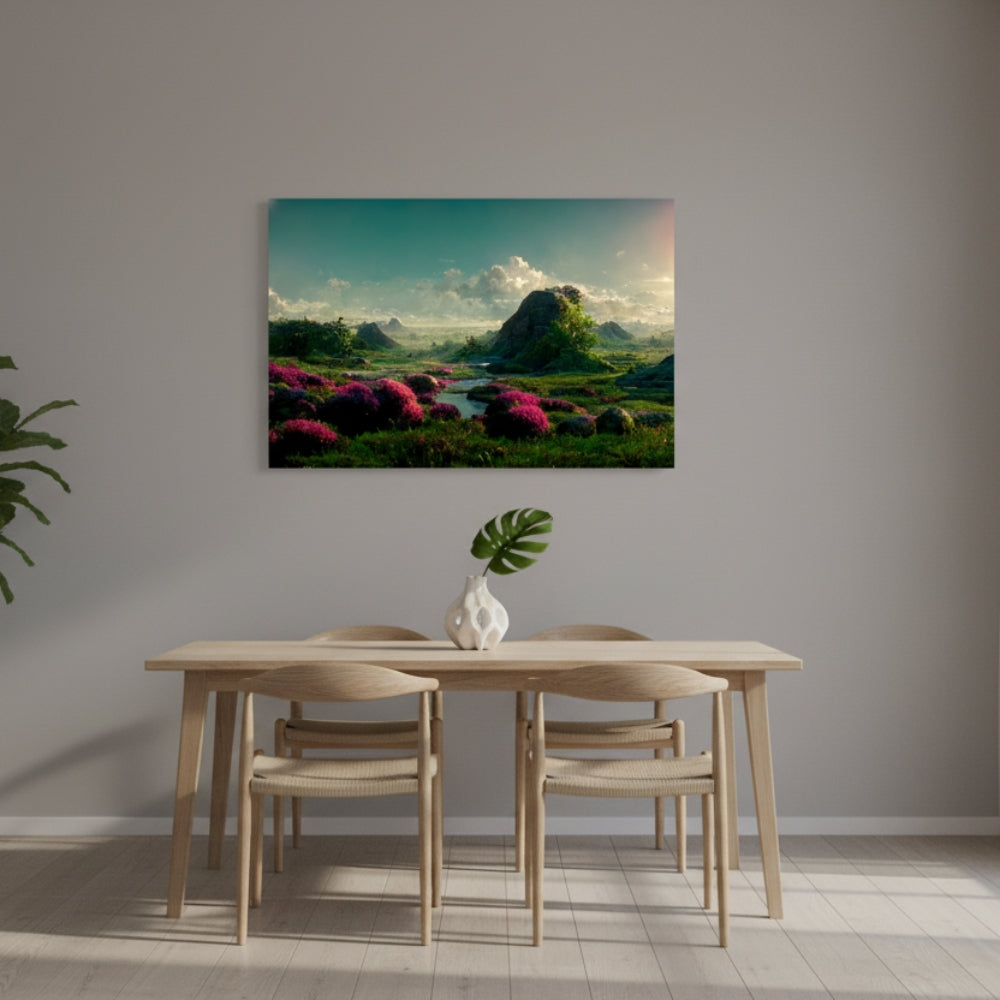 The Vibrant Magenta Blooms That Carpet The Emerald Valley Under A Vast And Surreal Teal Summer Sky