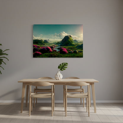 The Vibrant Magenta Blooms That Carpet The Emerald Valley Under A Vast And Surreal Teal Summer Sky