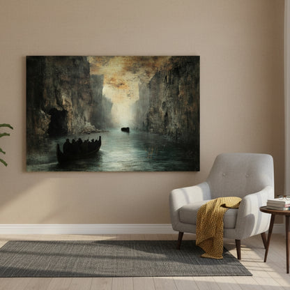 Forgotten Travelers Seeking Passage Between The Immense Granite Walls Of An Ancient Majestic Gorge