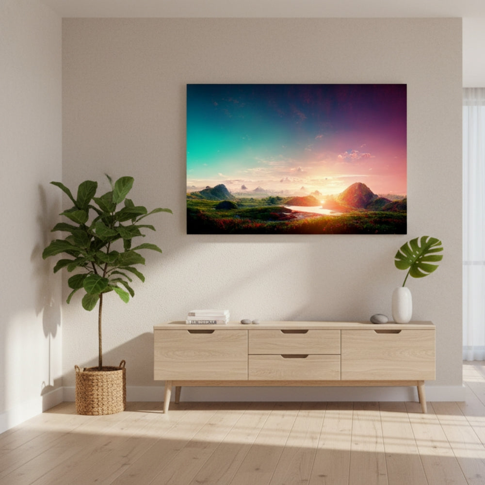 The Magical Moment Where The Teal Sky Kisses The Burning Orange Horizon Over The Strange Green Hills