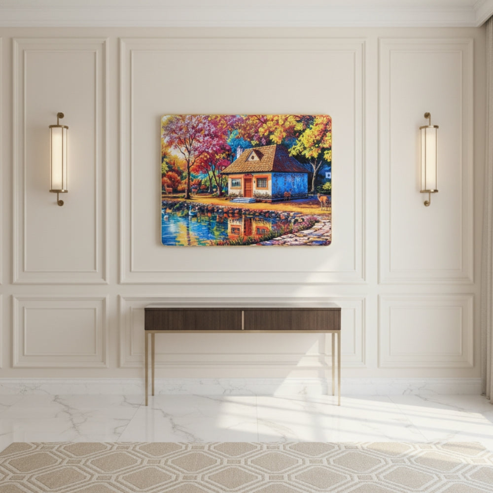 A Charming Little Cottage Nestled Among Vibrant Colorful Trees At The Edge Of A Peaceful Blue Lake