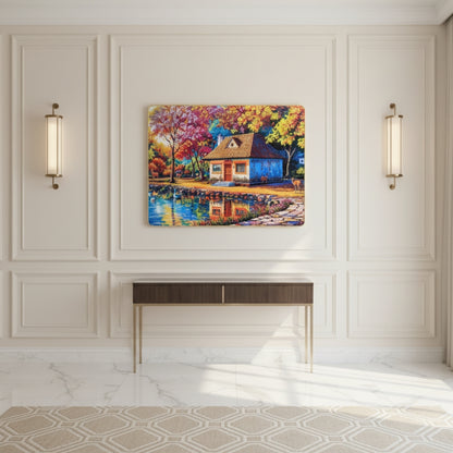 A Charming Little Cottage Nestled Among Vibrant Colorful Trees At The Edge Of A Peaceful Blue Lake