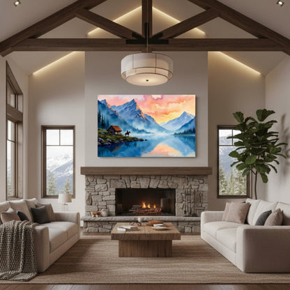Mountain Landscape with Lake and Cabin Canvas Art