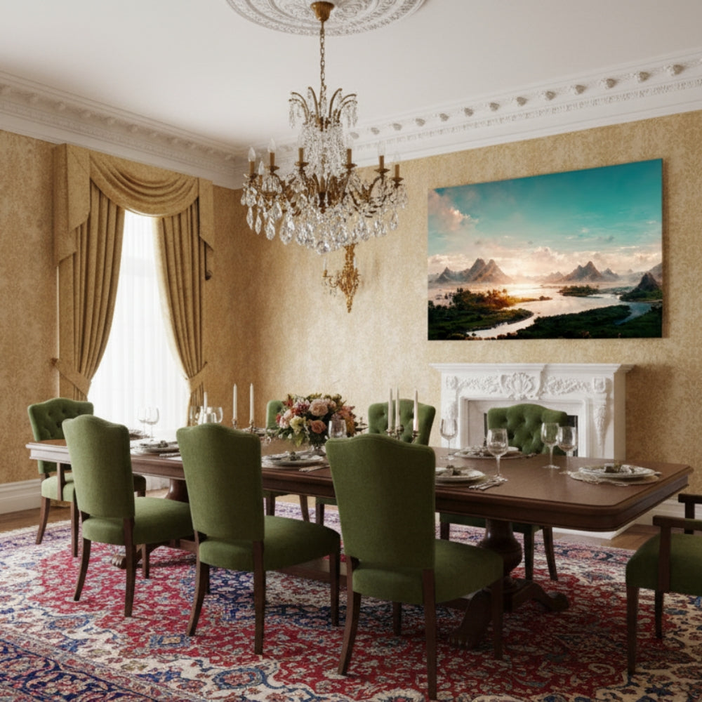 Vibrant River Sunrise Canvas Print - Teal Sky Mountain Landscape Art