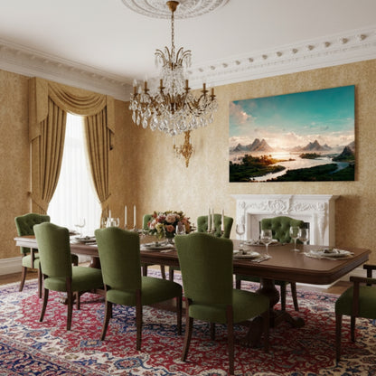 Vibrant River Sunrise Canvas Print - Teal Sky Mountain Landscape Art