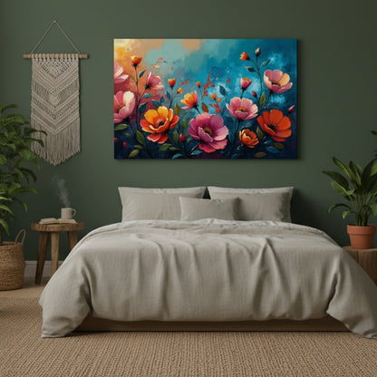 Vivid Coral & Teal Floral Canvas
