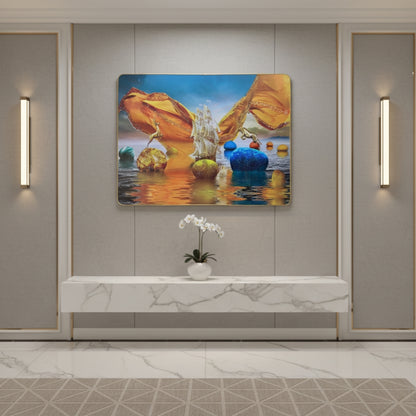 Surreal Fantasy Seascape Canvas Wall Art - Golden Ship With Giant Butterfly Wings And Floating Orbs