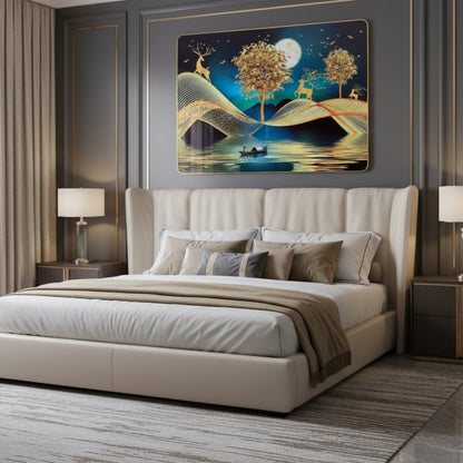Luxury Golden Deer & Moon Resin Wall Art (21x27") – 3D Look Abstract Night Scenery for Living Room Vastu & Prosperity Decor
