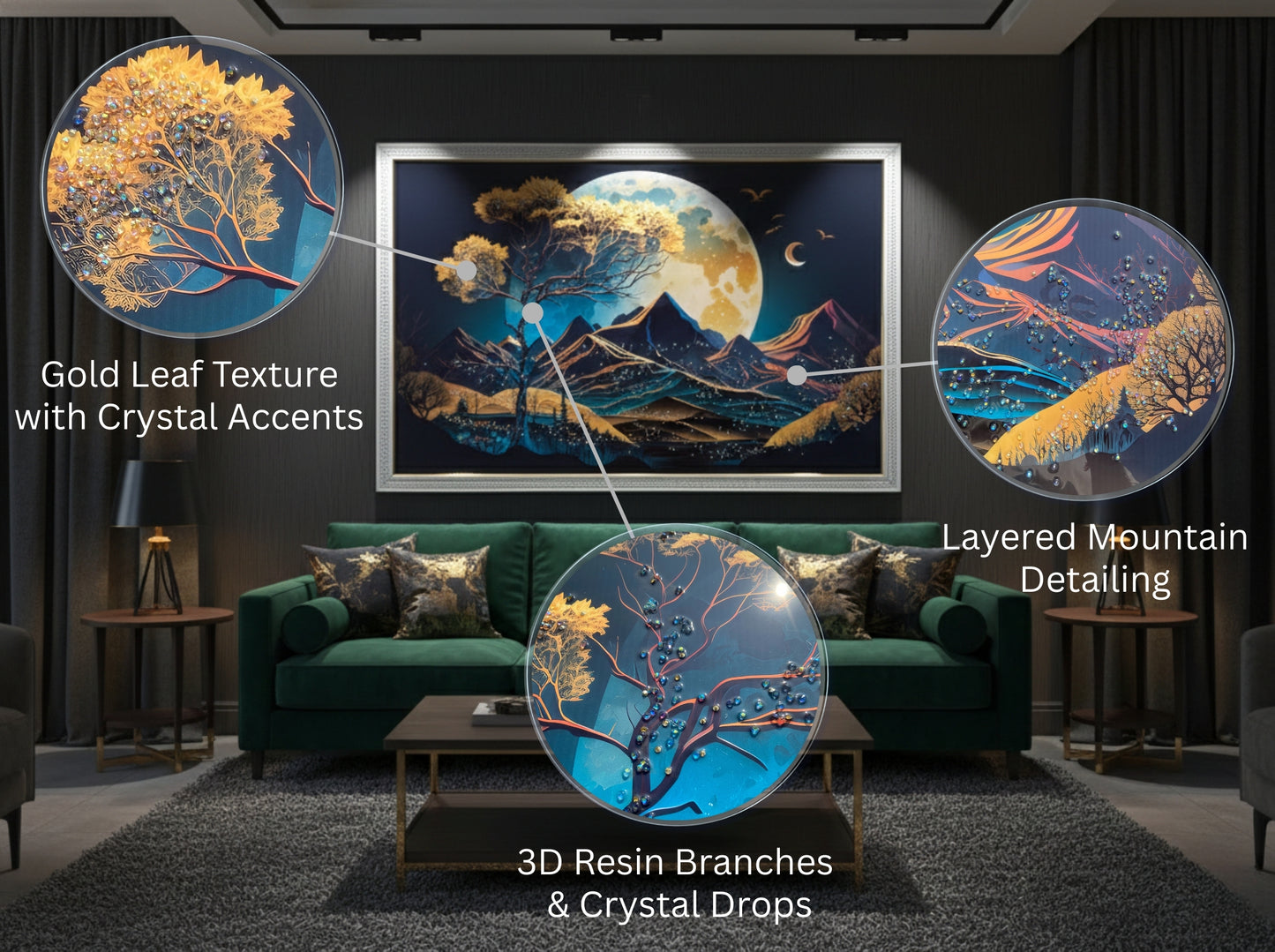 Golden Moon Mountain Resin Wall Art | 2×3 ft Premium Handcrafted Landscape Decor | Indi Trends