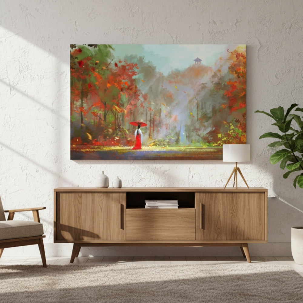 Red Umbrella in Autumn Forest Canvas Print