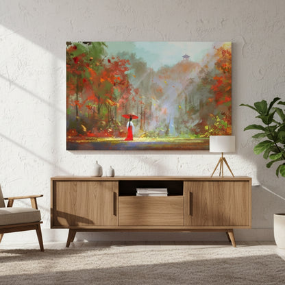Red Umbrella in Autumn Forest Canvas Print