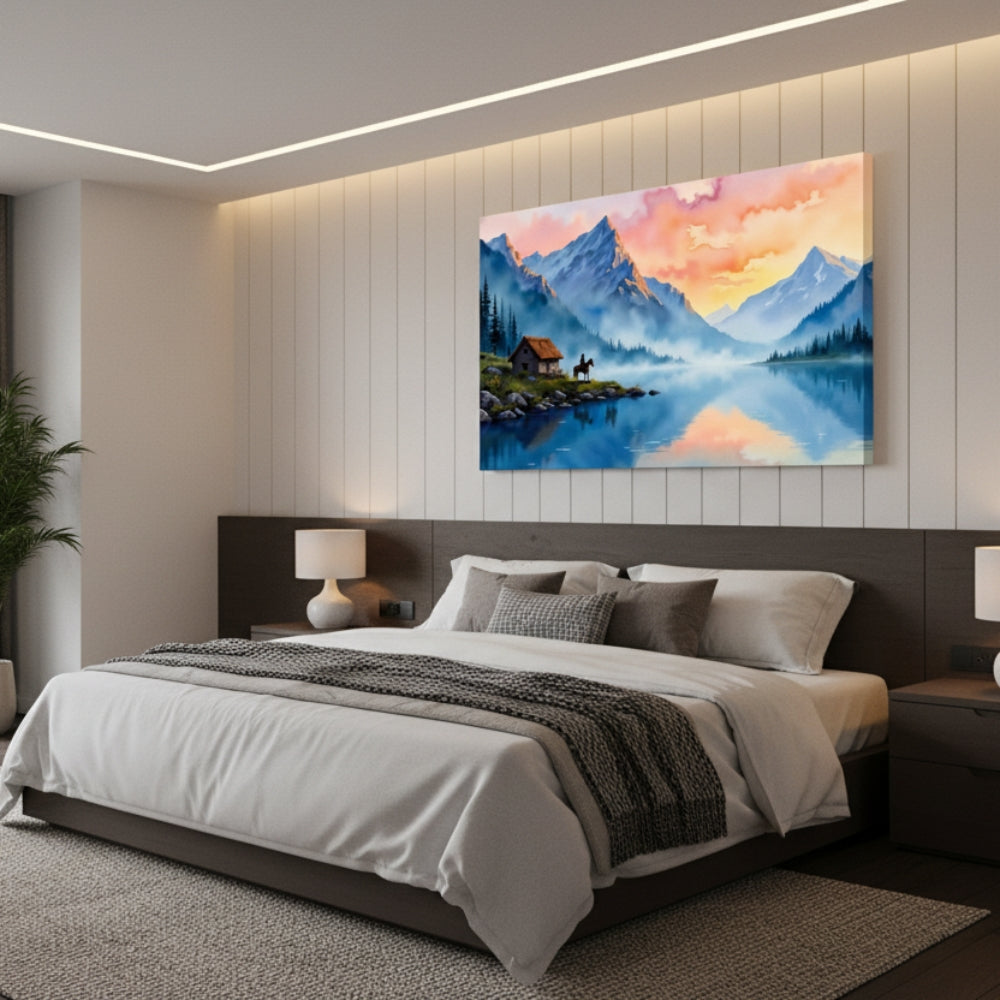 Mountain Landscape with Lake and Cabin Canvas Art